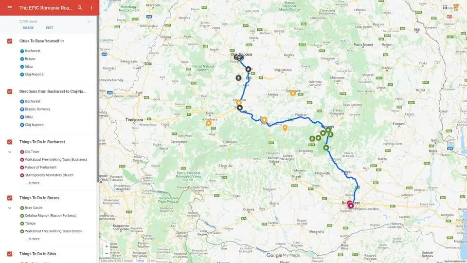 Map of Romania Road Trip Itinerary