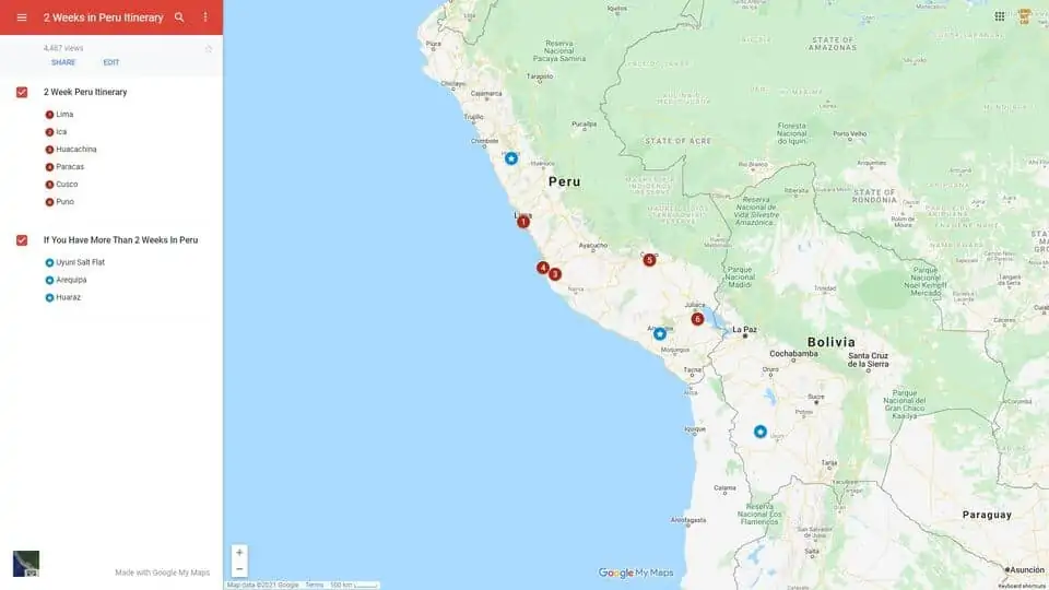 2 Week Peru Itinerary Map