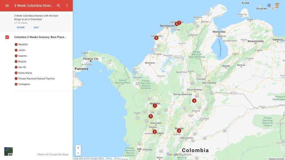 Colombia 3 Week Itinerary Map