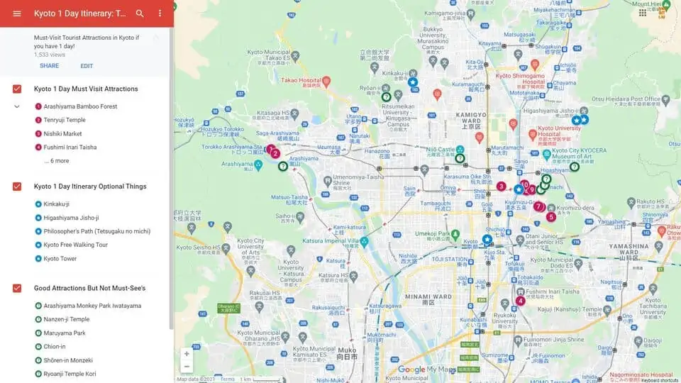Kyoto 1 Day Itinerary Map