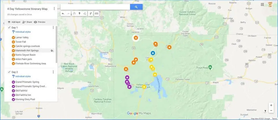 4 Den Yellowstone itinerář mapa