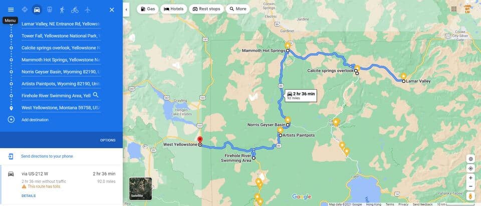 Day 1 Yellowstone Itinerary Map