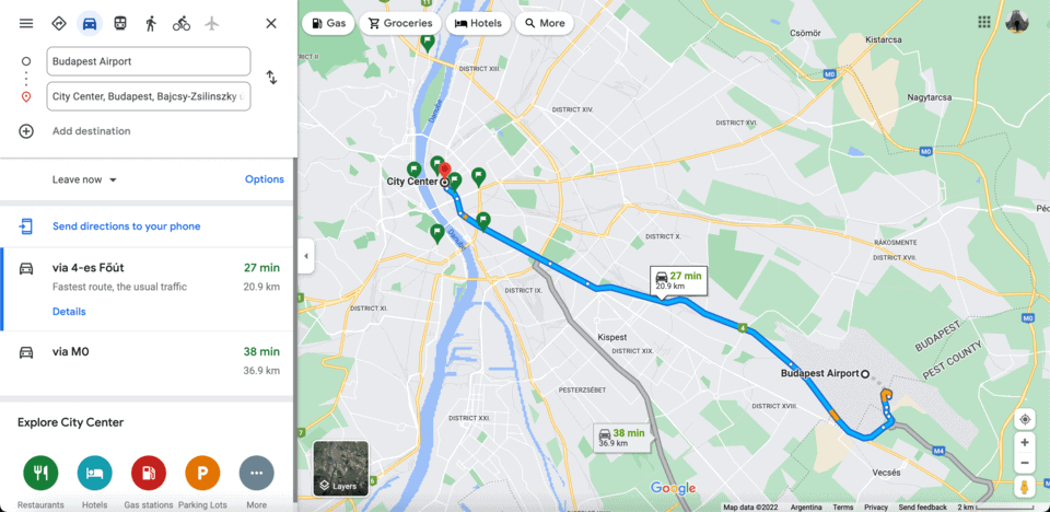 Map of Budapest Airport from City Center